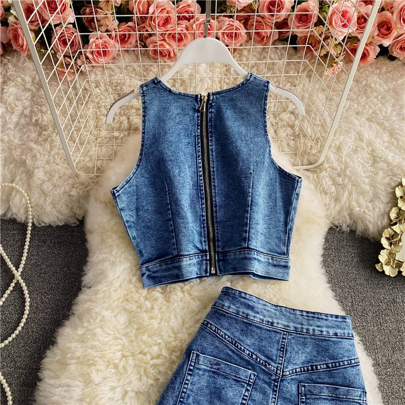 Roupas femininas novas Slim Fit zíper curto Denim camisola duas peças terno irregular fenda quadril saia_voghion.com