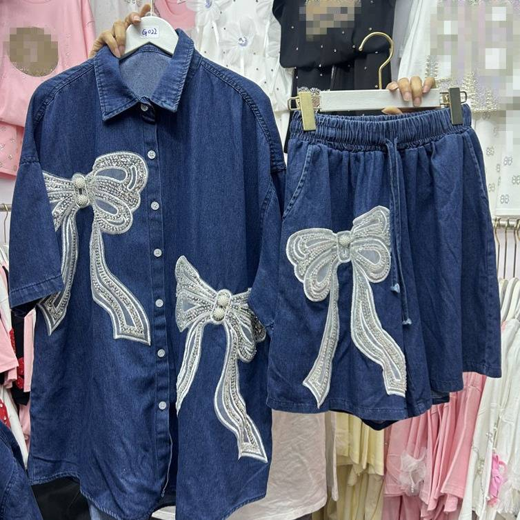 Women's Clothing Heavy Industry Diamond Bow Denim Shirt Top Elastic Waist Denim Shorts Two Piece Set_voghion.com