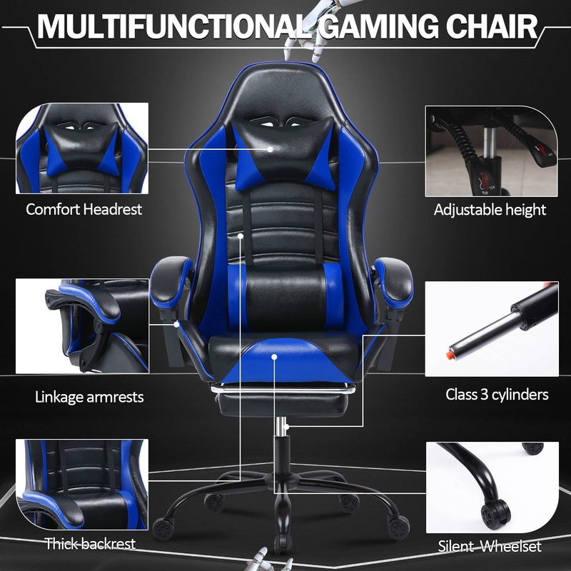 Multifunktionaler Gaming-Stuhl mit ergonomisch verstellbarer Rückenlehne, Armlehnen mit Verbindungsstücken und hochdichtem Kissen, Blau_voghion.com