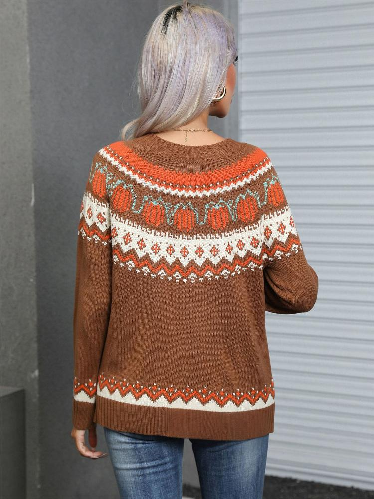 Women's Oversized Round Neck Halloween Sweater - Color Block Casual Pullover, Acrylic Knit, Loose Fit, Streetwear Chic_voghion.com
