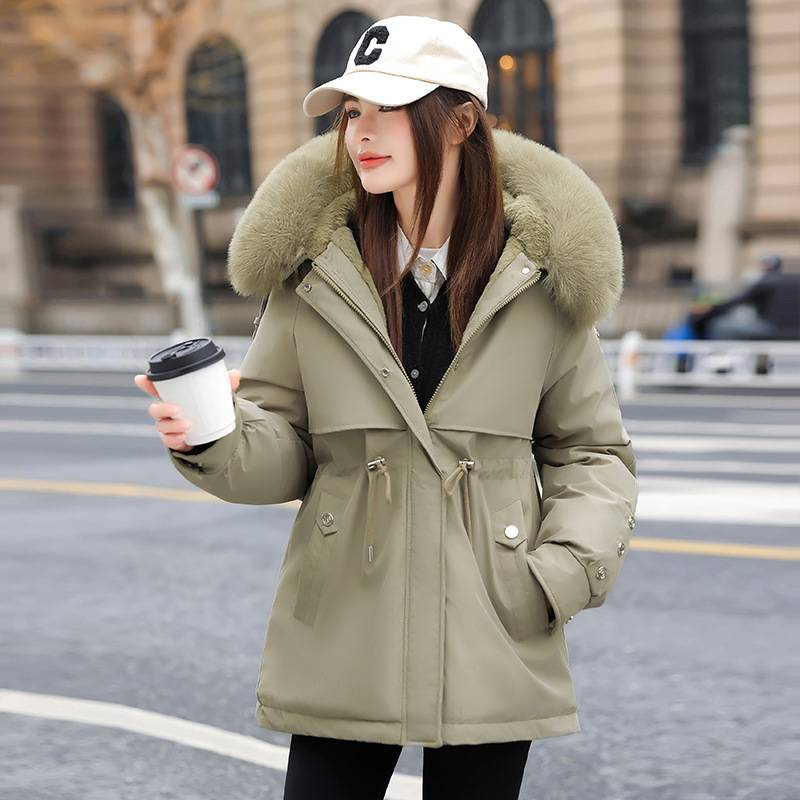 Dicker, fleecegefütterter Wintermantel für Damen mit Kapuze und Kunstpelzbesatz – kurze, taillenbetonte Pufferjacke für Freizeit und Pendeln_voghion.com
