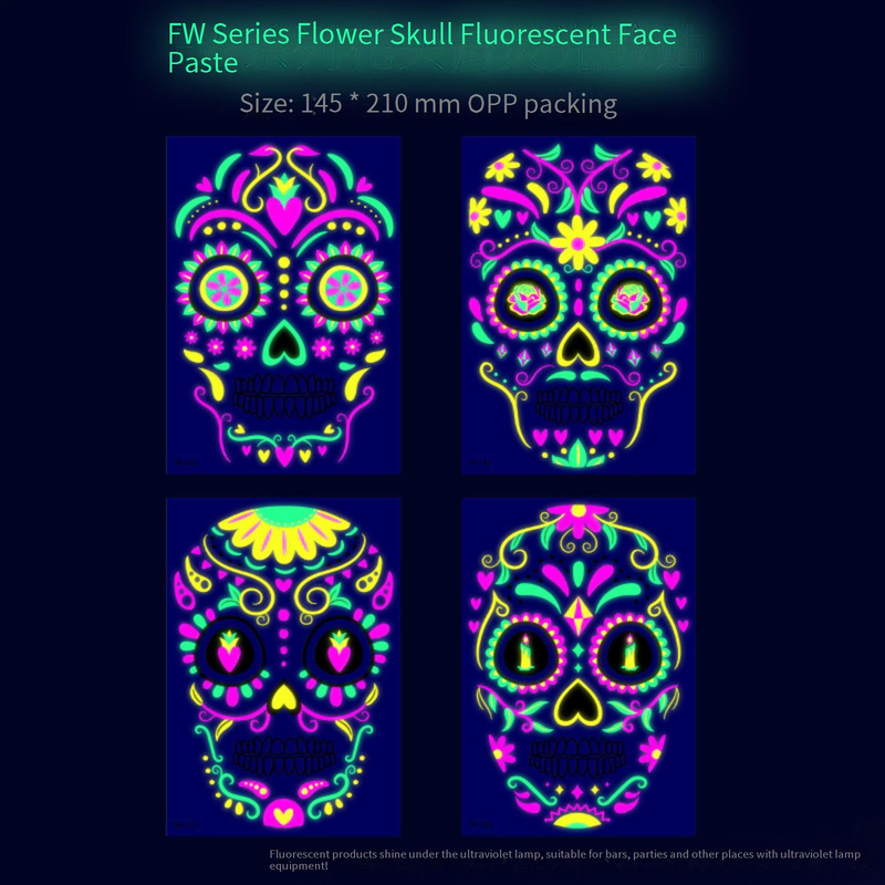 Halloween Temporary Tattoos Stickers - Glow In The Dark Day Of The Dead Face & Body Art For Party, Scary Makeup, Costume Accessories (8-Piece Set)_voghion.com
