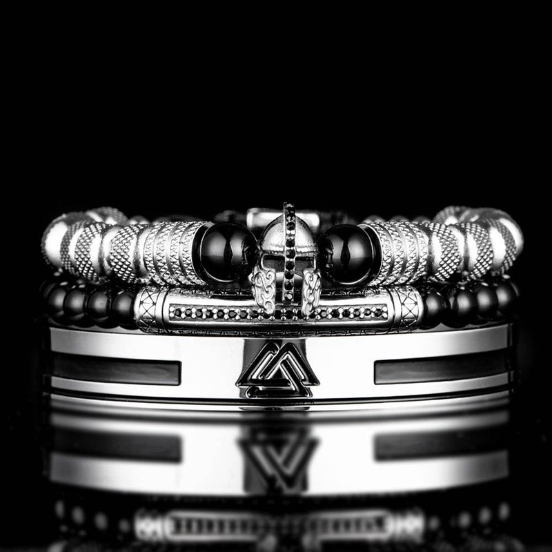 Ensemble de bracelets Viking Warrior pour homme - Bijoux manchette en acier inoxydable avec casque nordique et runes - Collection de bracelets Punk Armor (ensemble de 3 pièces) Casque de guerrier romain_voghion.com