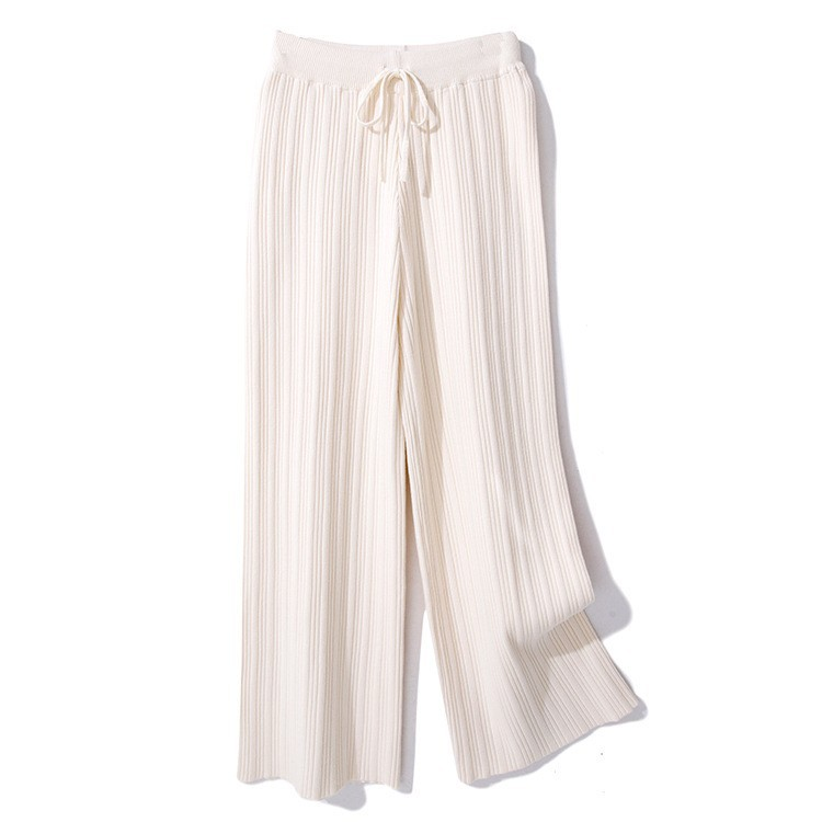 Damenbekleidung – Hoch taillierte Strickhose mit weitem Bein – Drapierte Hose im koreanischen Stil (Weiß/Khaki/Grau/Schwarz, Einheitsgröße)_voghion.com