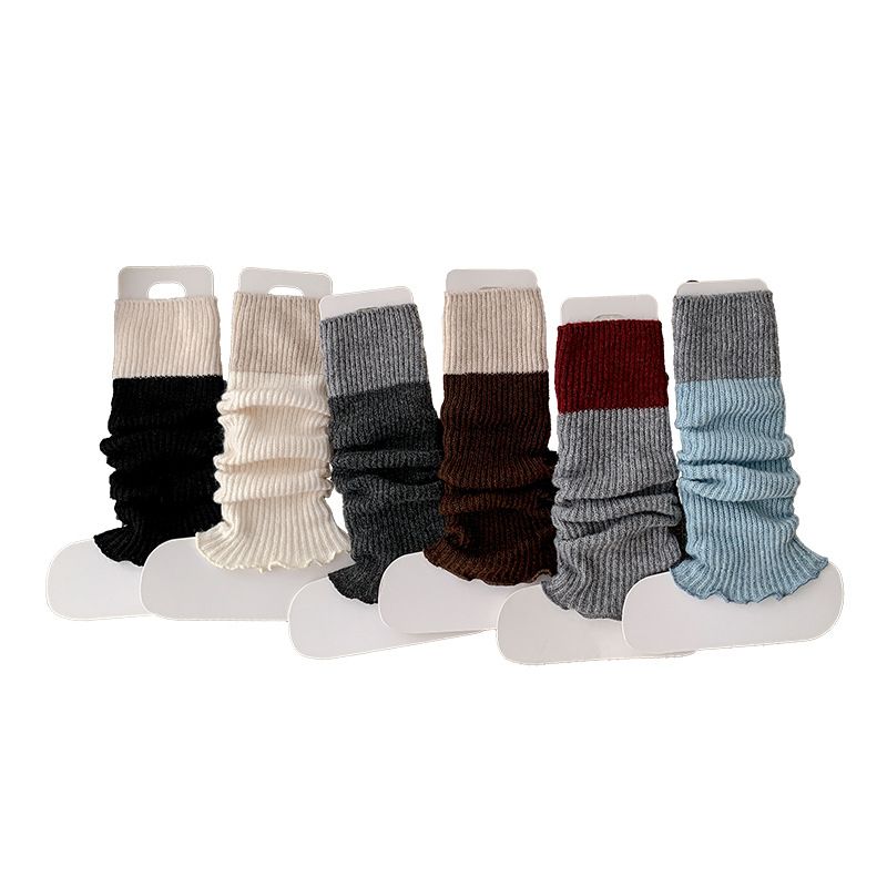 Leg Warmers Bootshang Cotton Pile Socks For Women Contrast Color Knitted Wool Leg Warmers Autumn And Winter Thickened Warm Stitching Gray Calf Socks_voghion.com