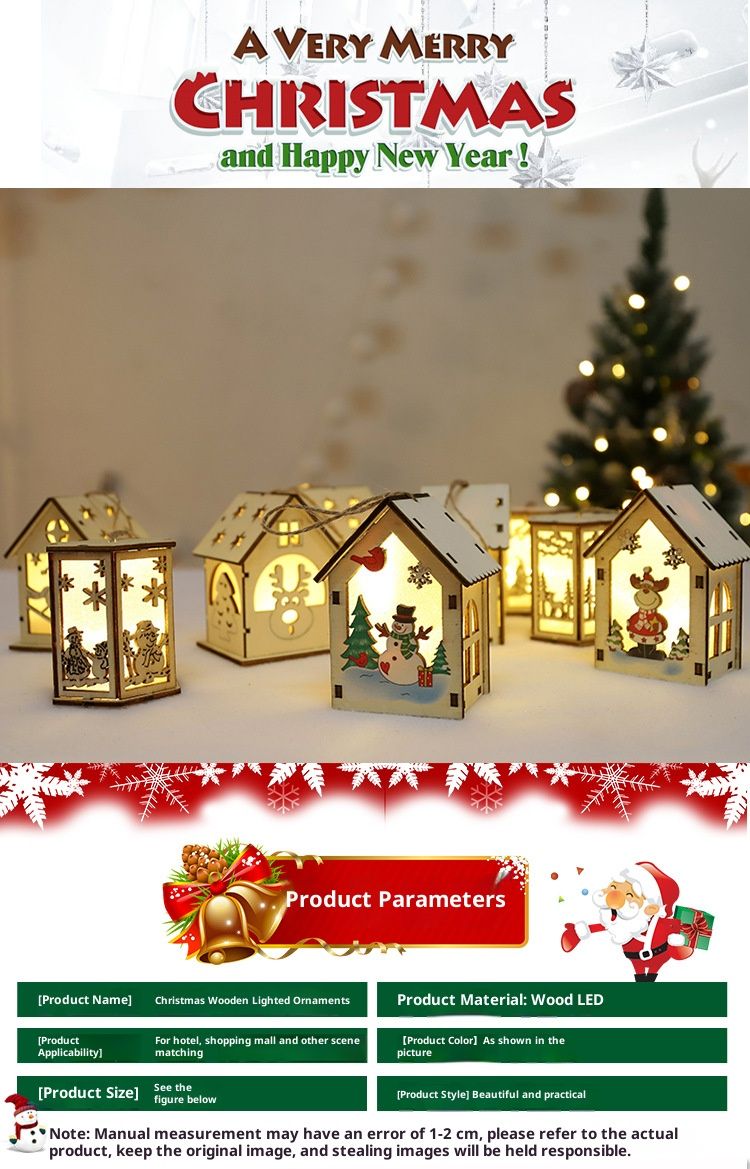 Handgefertigte Weihnachtsornamente aus Holz – Leuchtende, hohle Baum- und Hausdekoration mit Weihnachtsmann-, Rentier- und Schneemannmotiven –_voghion.com