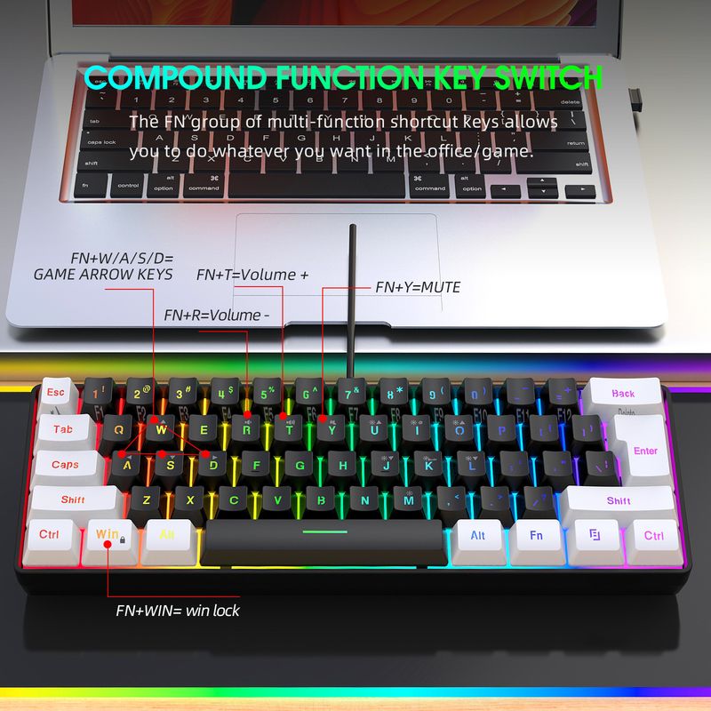 Tastiera sottile cablata da 61 tasti, bianca e nera, compatta, per giochi, tastiera meccanica portatile, notebook, desktop_voghion.com