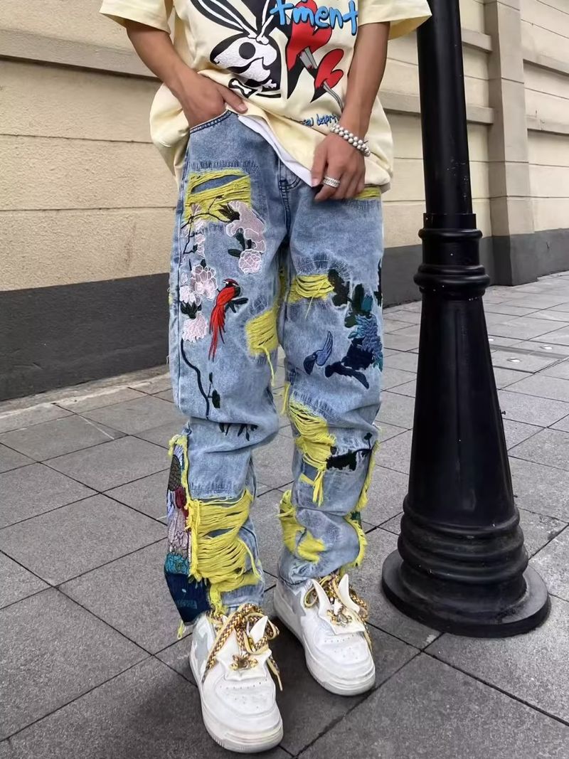 Vīriešu apģērbs Ielas džinsi ar bieziem izšuvumiem, saplēstas vīriešu garās bikses_voghion.com