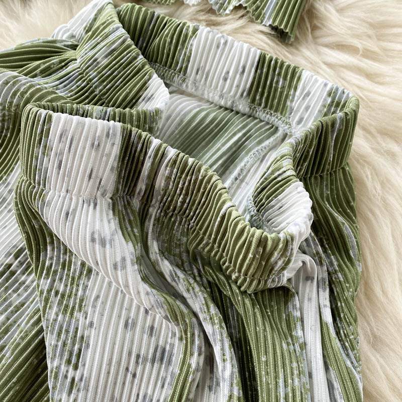 Women's Clothing ins suits for women in summer design with ripple color matching, heavy pleated short tops + wide leg pants_voghion.com