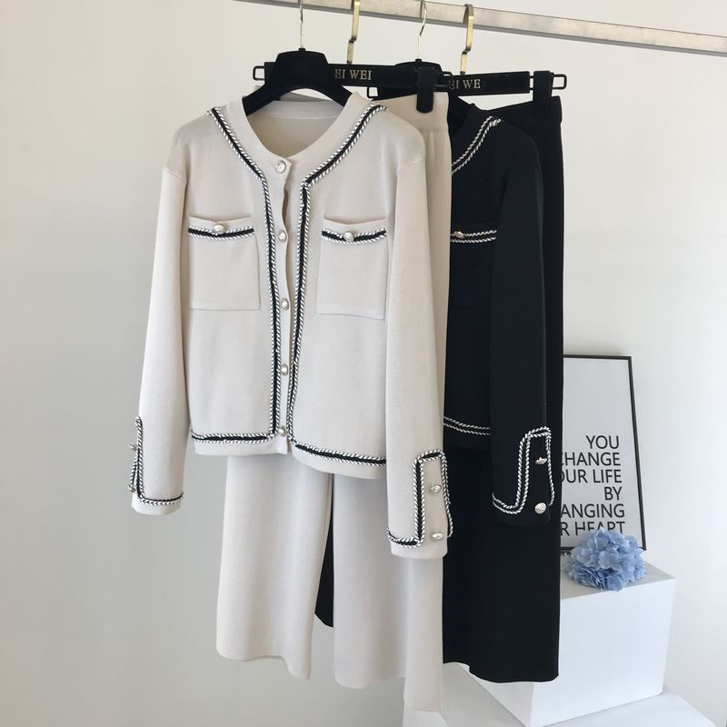 Kadın moda yuvarlak boyun örme hırka üst geniş bacak pantolon iki parçalı set_voghion.com