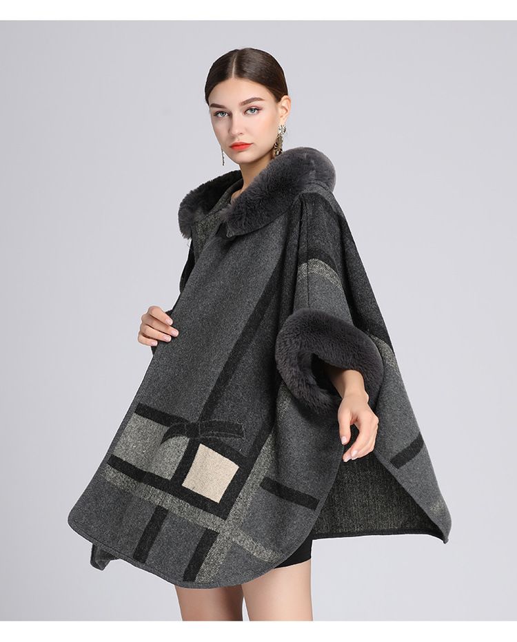 Wollkragen Kapuzenumhang Dame Jacquard Wollmantel Strickjacke Dame_voghion.com