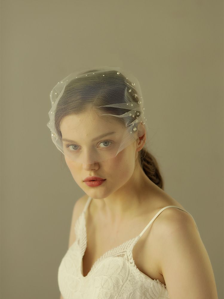 Voile de mariée unisexe cousu à la main avec peigne latéral, voile court, voile de mariée en filet doux et fin avec perles_voghion.com