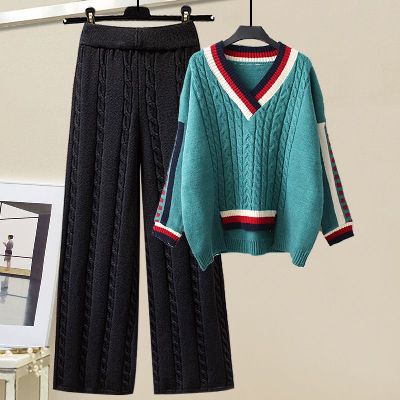 Women's Clothing Large Size Women's Winter Suits For Women New Lazy Style Loose Sweaters Slim And Versatile Wide Leg Pants Two Piece Suit_voghion.com