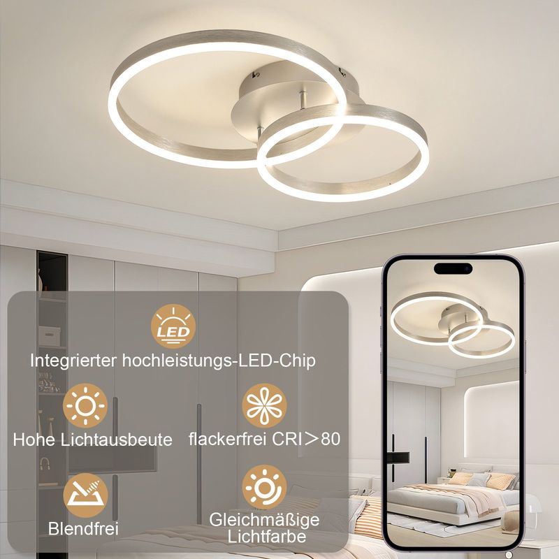Glitzerlife LED Deckenleuchte - Wohnzimmerlampe Modern Dimmbar 40CM Schlafzimmerlampe Mit Fernbedienung Gold 2 Ring Aus Acryl 46W Deckenbeleuchtung_voghion.com
