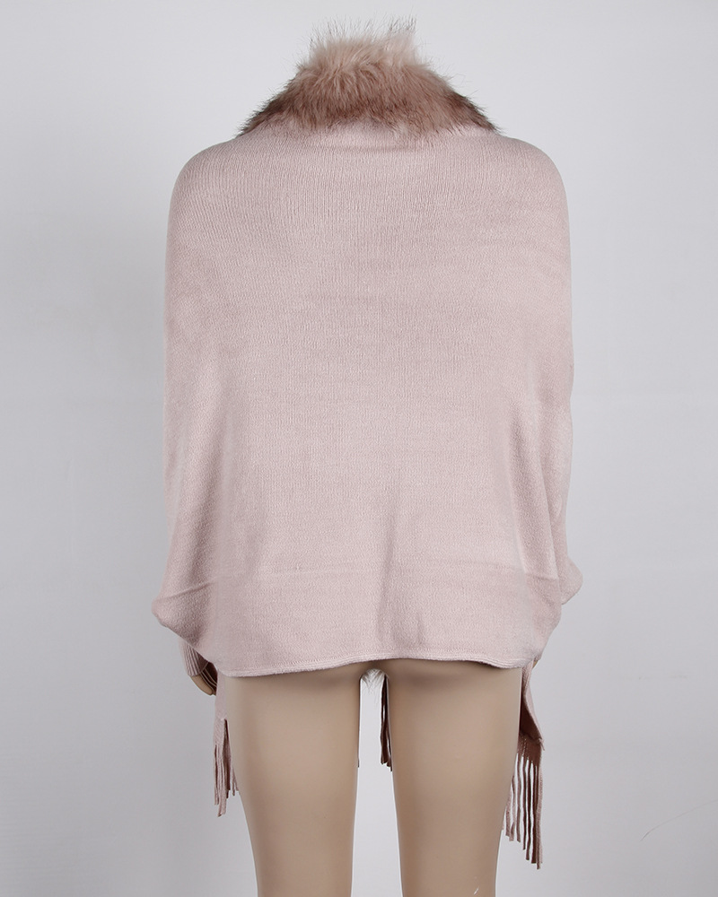 Umhang mit Quaste Umhang Umhang mit Pelzkragen Einfarbiger Strickpullovermantel_voghion.com