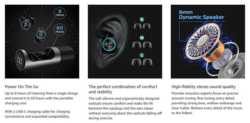Écouteurs intra-auriculaires Bluetooth Monster Clarity 101 AirLinks TWS, réduction du bruit ENC, étanches, sans fil_voghion.com