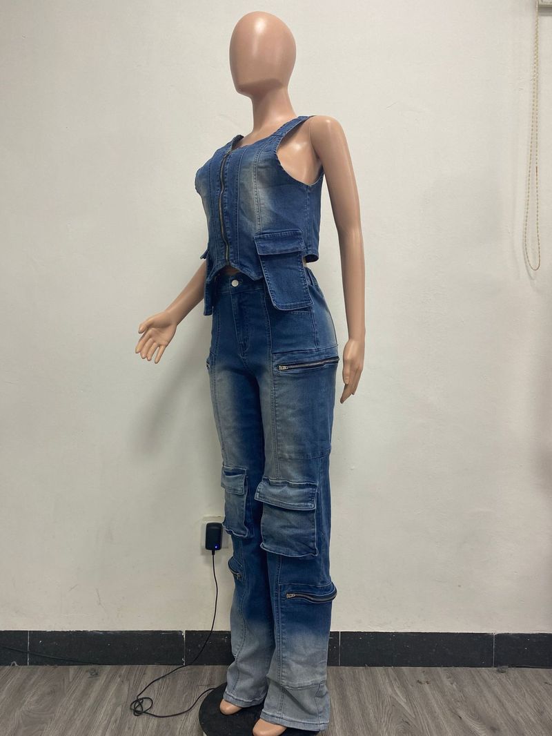 Sieviešu apģērbi Modes brīvā laika pavadīšanas Jauns vairāku kabatu platu kāju retro veste uzvalks_voghion.com