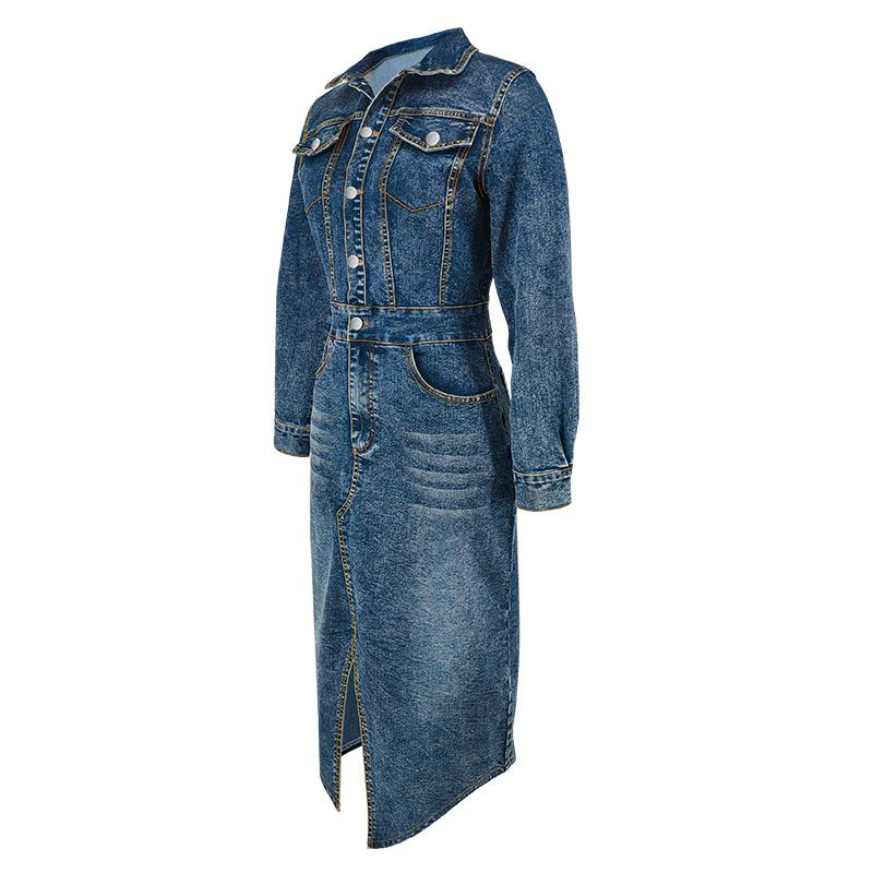 Damenbekleidung Reversknopf Langarm Schlitz Neues langes Denim-Kleid_voghion.com