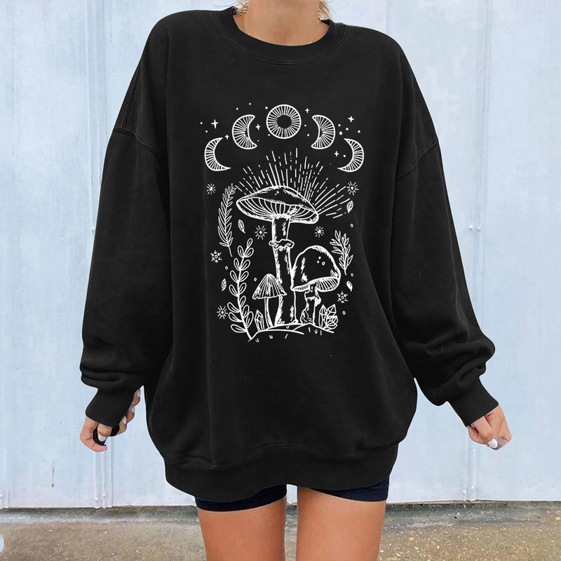 Women's off-the-shoulder long-sleeved sweatshirt mysterious printed fleece top_voghion.com