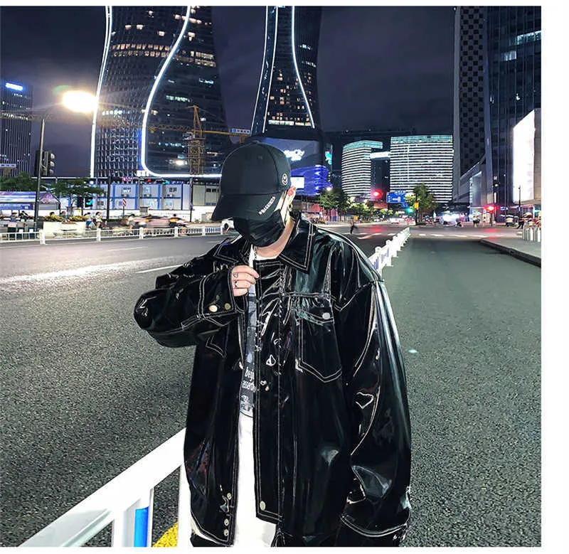 Giacca da uomo in finto Mauroicardi autunno oversize riflettente in vernice lucida con tasche a maniche lunghe 2022 gotico allentato_voghion.com