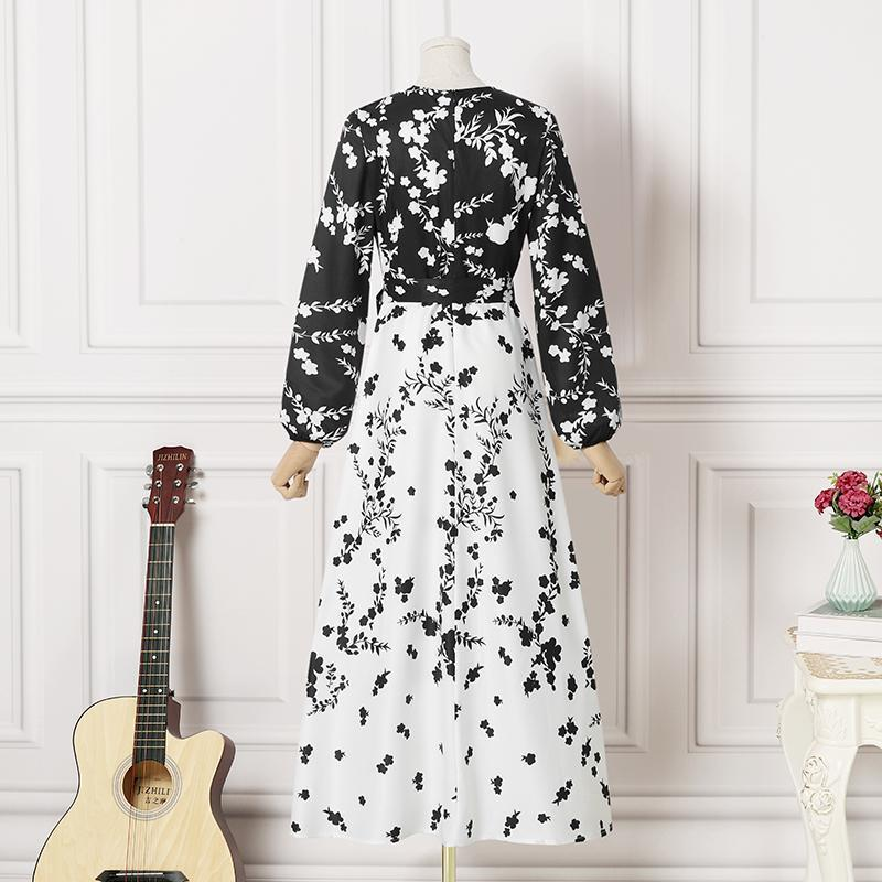 Women's Muslim Street Fashion Commuting Pattern Random Floral Print Contrast Color Design A-hem Lace-up Dress_voghion.com