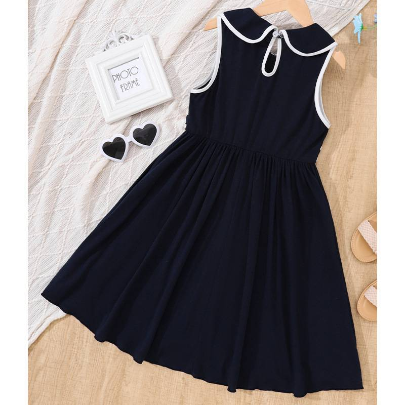 Vêtements pour enfants Robe d'été pour enfants Col de poupée noire Jupe trapèze simple mode filles gilet jupe longue_voghion.com