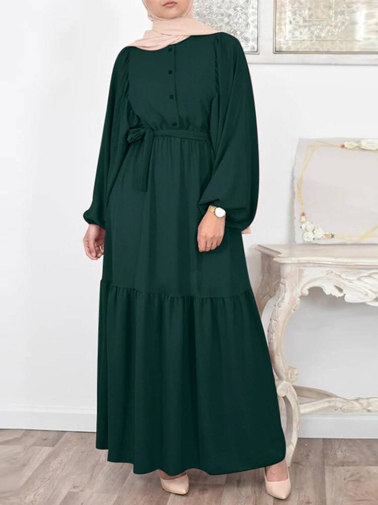 Elegante vestido camisero musulmán para mujer, de gran tamaño, con mangas abullonadas, caftán islámico informal, moda azul turquesa, vestido de moda con hiyab._voghion.com