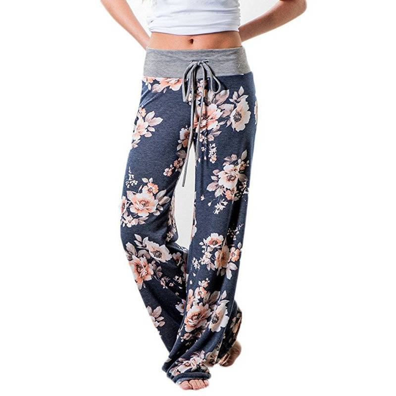 Plus Size Floral Print High Rise Drawstring Long Pants, Women's Plus Slight Stretch Loose Casual Pants_voghion.com
