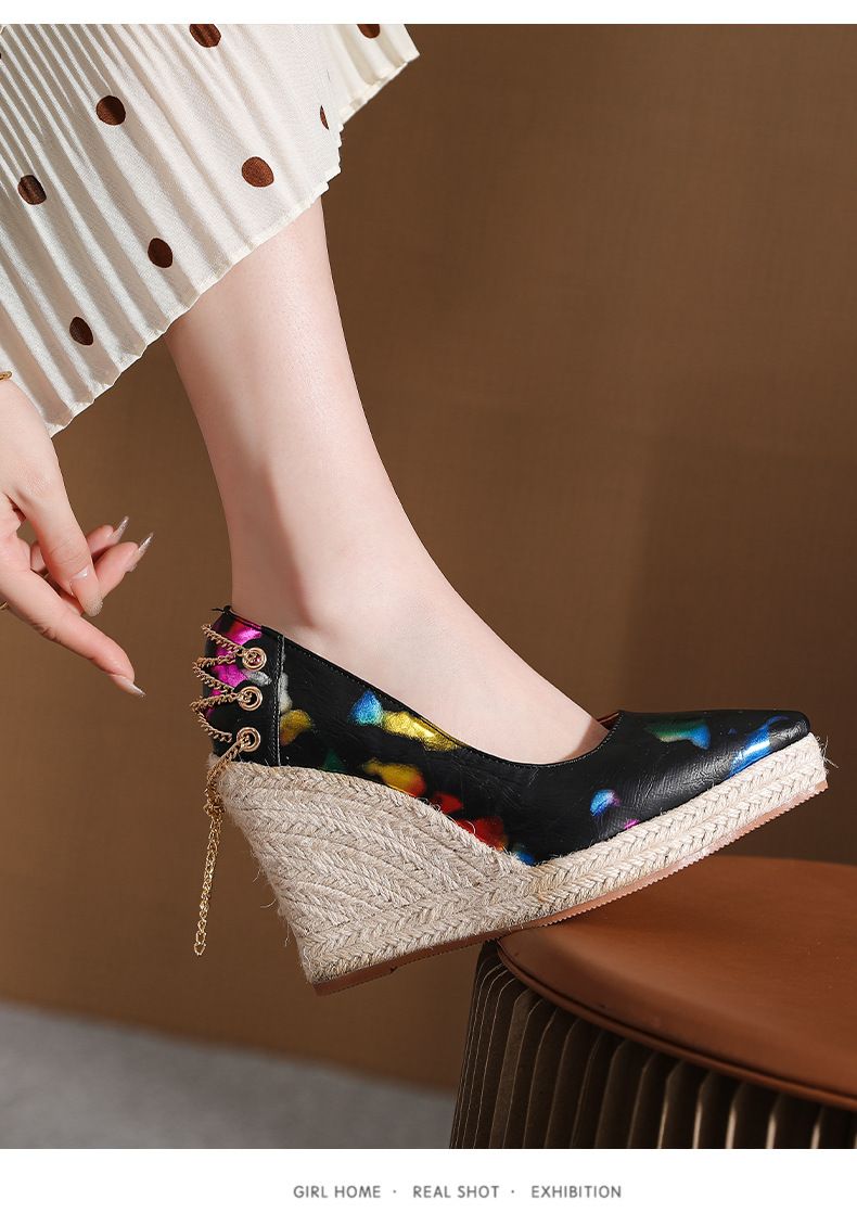 Women’s Shoes Wedge Heel Thick Bottom Pointed Toe Shallow Mouth High Heel Women's Single Shoes Straw Rope Bottom Large Size Shoes Shoes_voghion.com