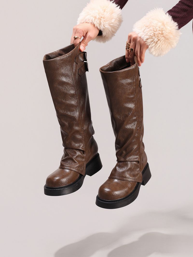 WEIBENA Damen Chelsea-Stiefel mit dicker Sohle und elastischer Wadenmitte, zum Hineinschlüpfen, runde Zehenpartie, Knöchelstiefel mit Faltendesign für die Freizeit im Herbst und Winter_voghion.com
