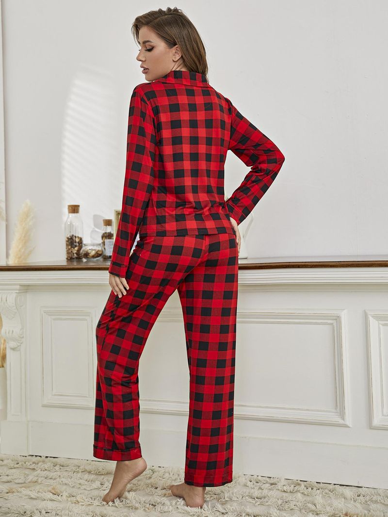 Home Wear Donna Cardigan a quadri rossi Camicia maniche lunghe Pantaloni pigiama Set_voghion.com