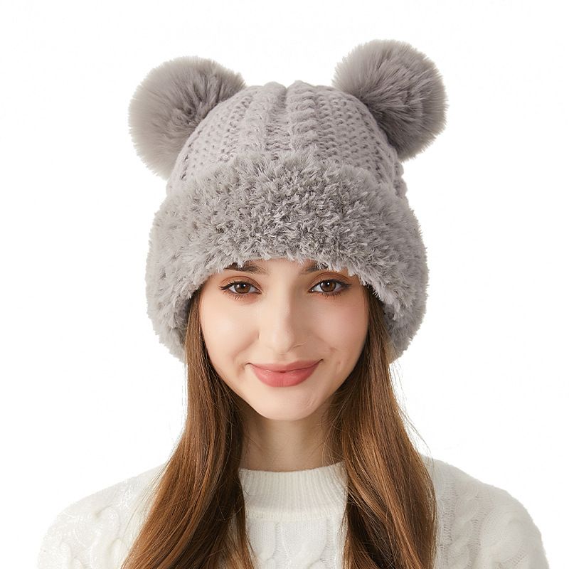 Cute Bear For Women Thickened Plush Warm Furry Beanie Autumn Winter Large Head Circumference Knitted Hat_voghion.com