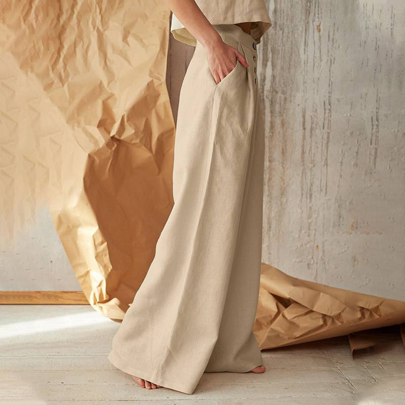 Pantaloni a gamba larga in cotone e lino con bottoni casual a vita alta tinta unita da donna_voghion.com