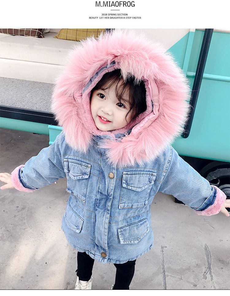 Nuovi vestiti autunnali e invernali per bambine, cappotto spesso in denim e velluto, stile coreano, cappotto in cotone con ampio collo di pelliccia per bambini_voghion.com
