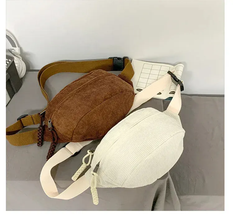 Marsupio da donna, grande capacità, in velluto a coste, stile street, borsa a tracolla, alla moda, cintura casual 250806_voghion.com