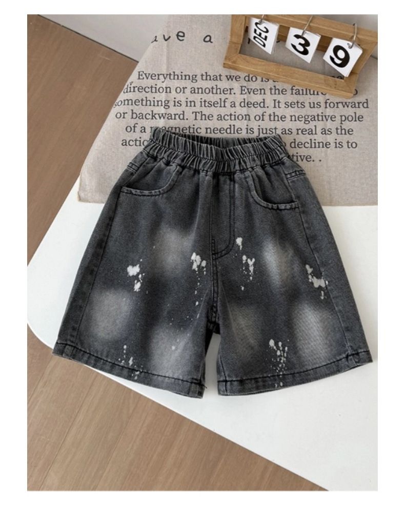 Giacca per bambini, abito in denim con schizzi di vernice per bambini, maniche corte e pantaloncini_voghion.com