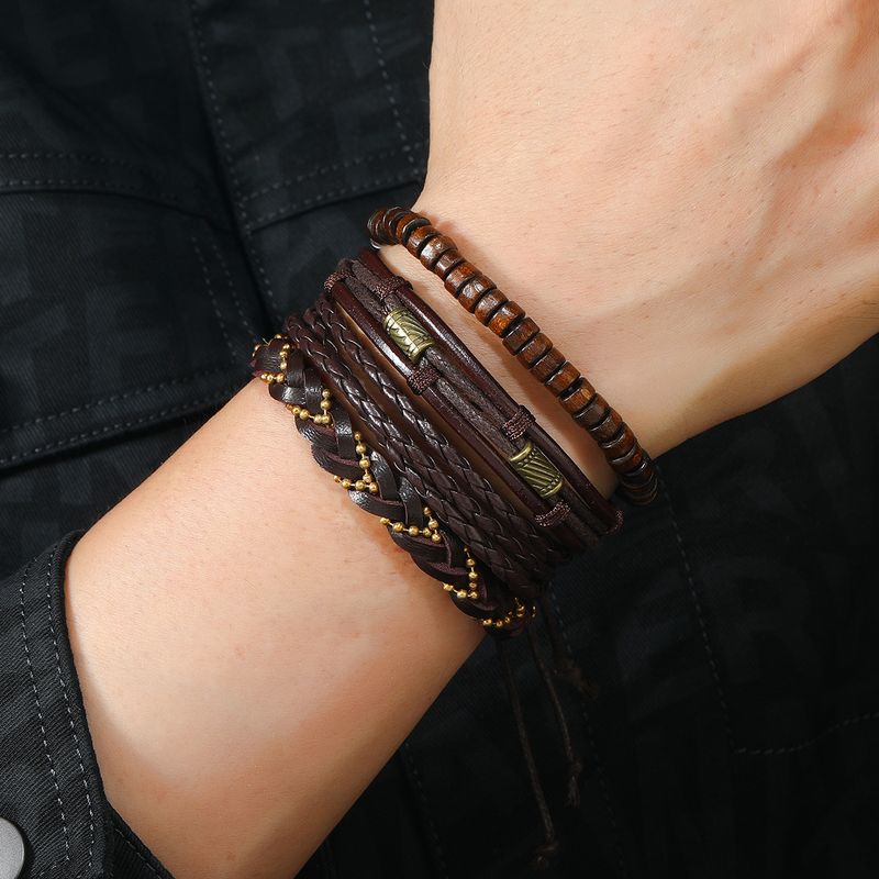 6/4 Stéck 3-Stil PU Holzperlen Geflochtene Liederarmband fir Männer Vintage Life Holzperlen Moud Männerarmband_voghion.com