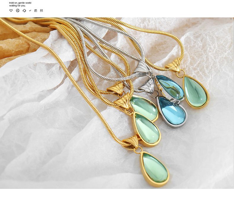 A Niche Water Droplet Shaped Green Blue Glass Stone Pendant Necklace, Collarbone Chain, Titanium Steel_voghion.com