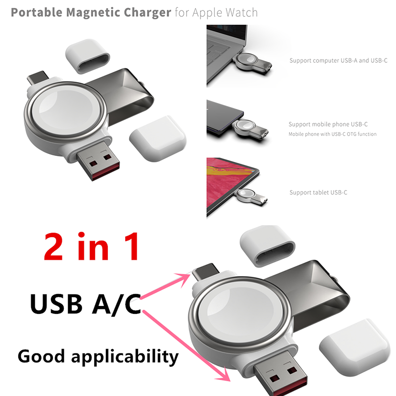 2 an 1 Kabellos Smartwatch Magnéitesch Opluedstatioun Typ-C USB Interface fir Watch 1/2/3/4/5/6/7/SE Schnell Opluedung a Portabilitéit_voghion.com