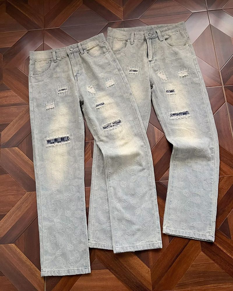 Jean décontracté patchwork effet usé pour homme, imprimé cachemire, coupe droite, coupe impeccable, pour le printemps et l'automne._voghion.com