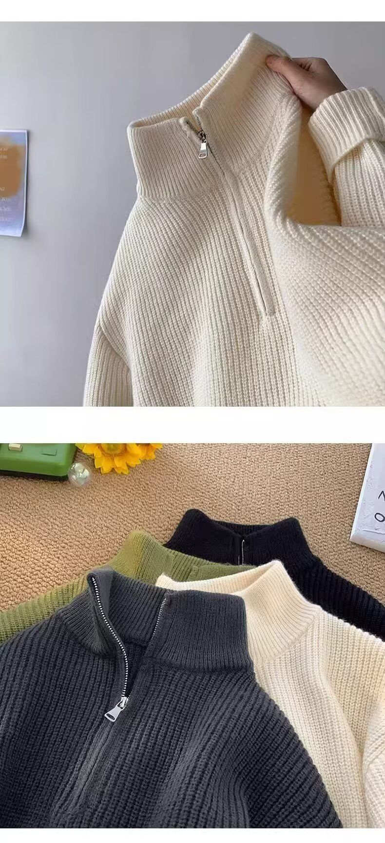 Suéter masculino de gola alta com zíper e meio zíper, novo suéter de malha de cor sólida para inverno, estilo preguiçoso, jaqueta casual para combinar_voghion.com