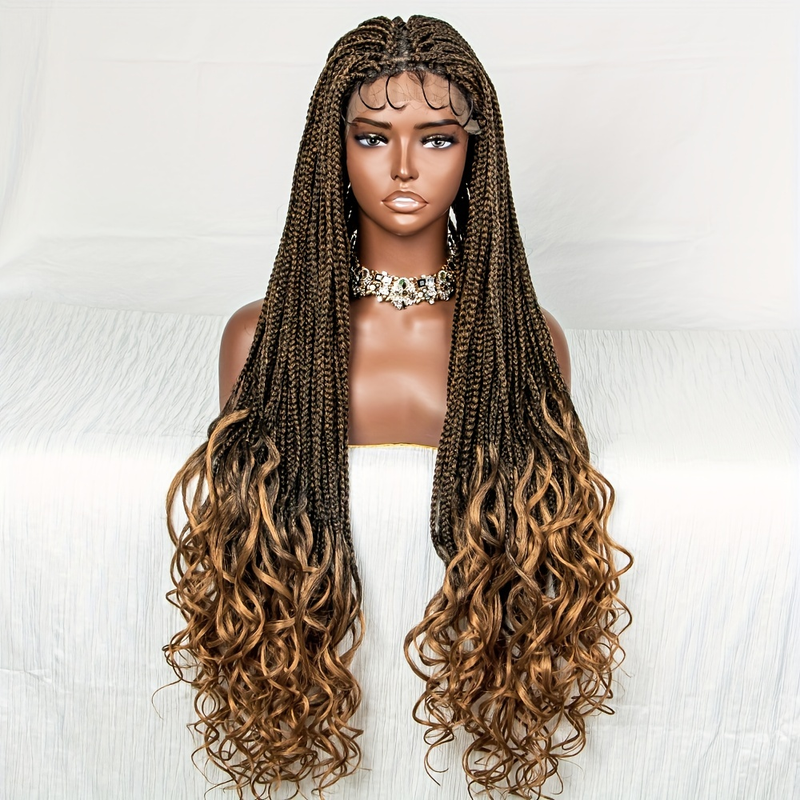 32 inch 9*6 Kanten Voorkant Pruik Ombre Bruine Box Gevlochten Pruiken Voor Vrouwen Superlange Vlechten Pruik Met Krullen Uiteinden Zwart Kant Frontale Vlecht Synthetische Pruiken_voghion.com