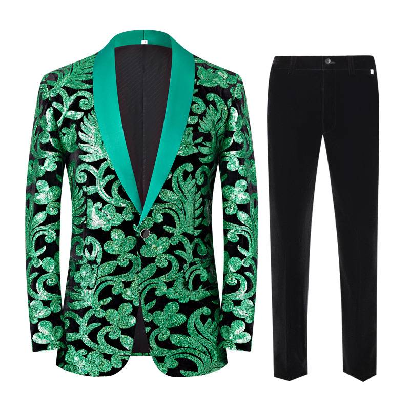 Abito da uomo con motivo a nuvole, paillettes, colori abbinati, abito da spettacolo sul palco, colletto verde con frutta_voghion.com