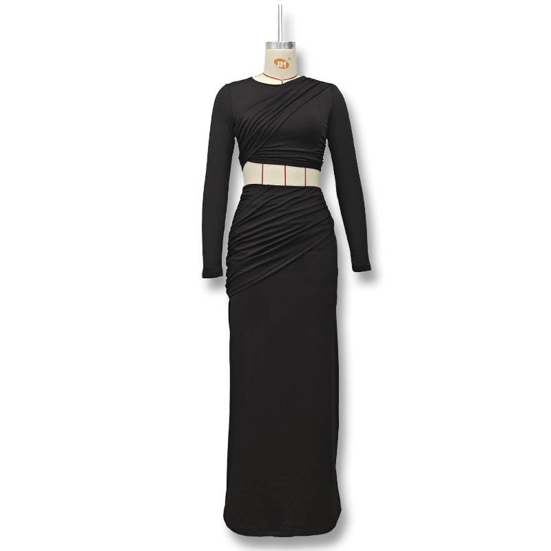 Plissierte zweiteilige Sets für Damen-Outfits mit Rundhalsausschnitt, unregelmäßigen Tanktops und langem Freizeitrock für Damenpartys_voghion.com