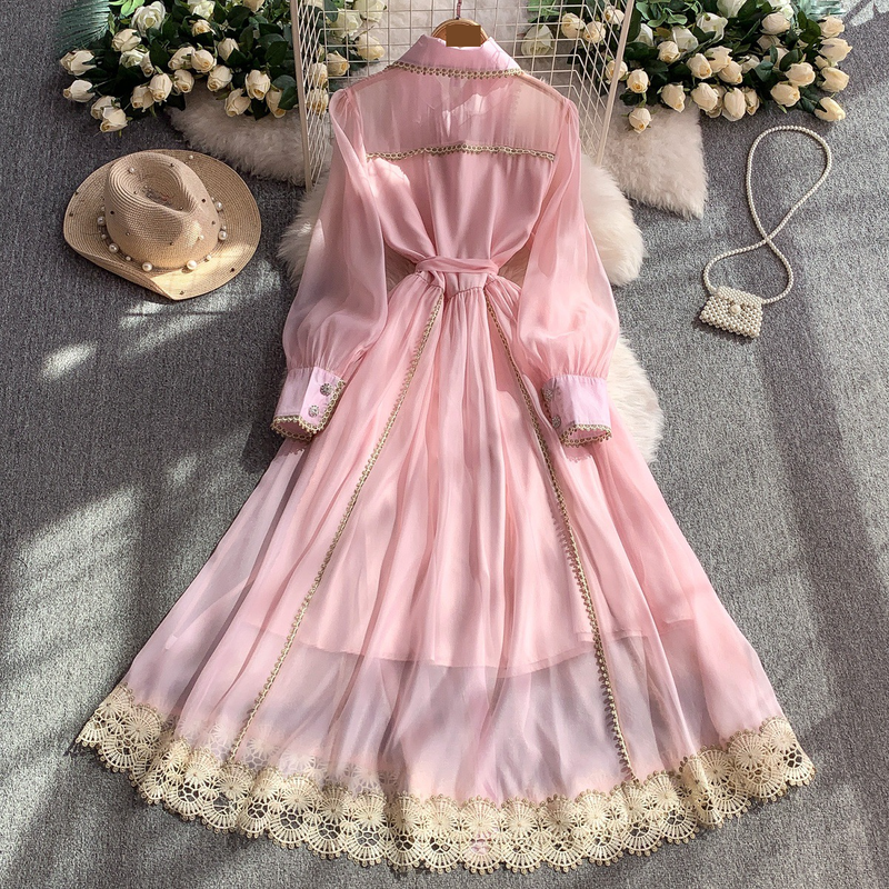 Abito elegante da donna con colletto in pizzo e maniche a lanterna - Abito estivo midi a trapezio con vita alta e bottoni sul davanti (blu/bianco/rosa)_voghion.com