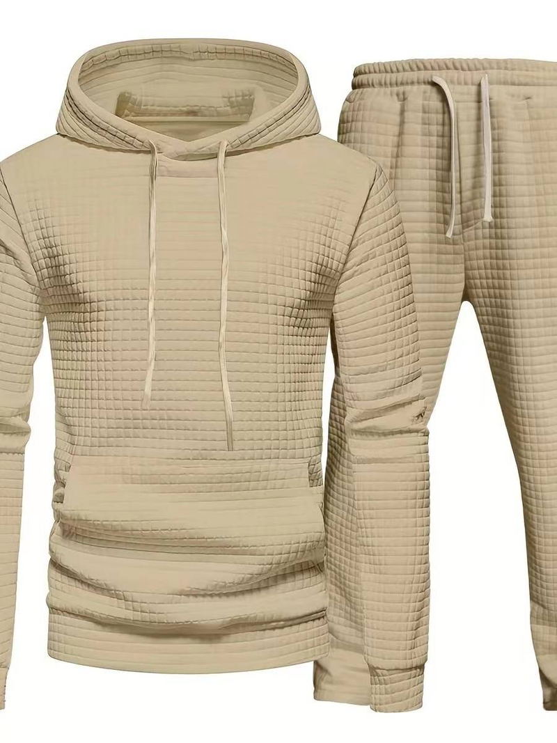 Tuta da uomo con cappuccio in jacquard a nido d'ape - Completo casual leggero in due pezzi per autunno e inverno (bianco, grigio chiaro, grigio scuro, nero, beige)_voghion.com