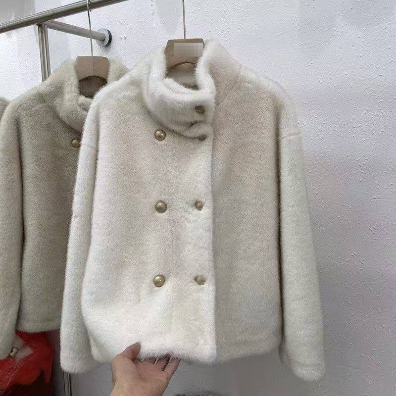 Giacca corta in visone sintetico – Cappotto corto oversize per donne minute (avorio/nero/talpa, taglia unica)_voghion.com