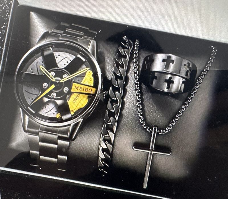 Watches Elegant Men's Business Watch Set With Faux Three-Eye Calendar, Roman Numerals & Matching Cross Necklace, Bracelet & Ring_voghion.com