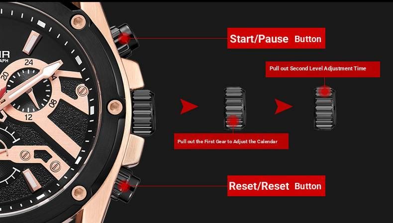 Orologio cronografo sportivo da uomo – Cinturino in vera pelle da 48 mm con lancette luminose e data (movimento al quarzo, resistente all'acqua)_voghion.com