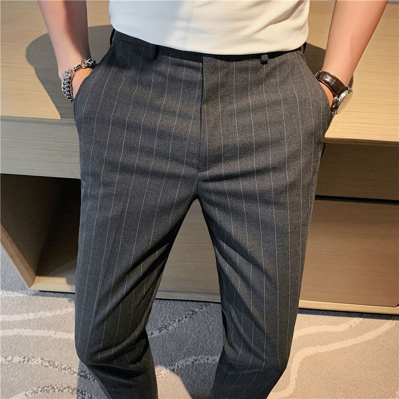 Summer thin men's slim-fitting trousers fashionable striped pants Korean version comfortable micro-elastic small foot_voghion.com